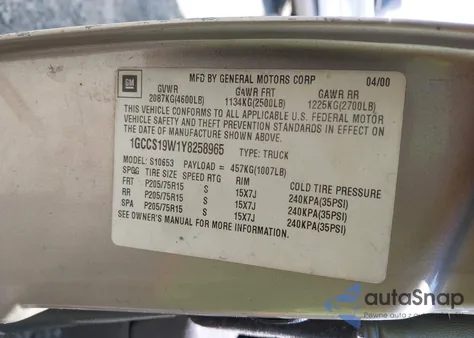 2000 Chevrolet S-10 Ls from USA, damaged, VIN 1GCCS19W1Y8258965